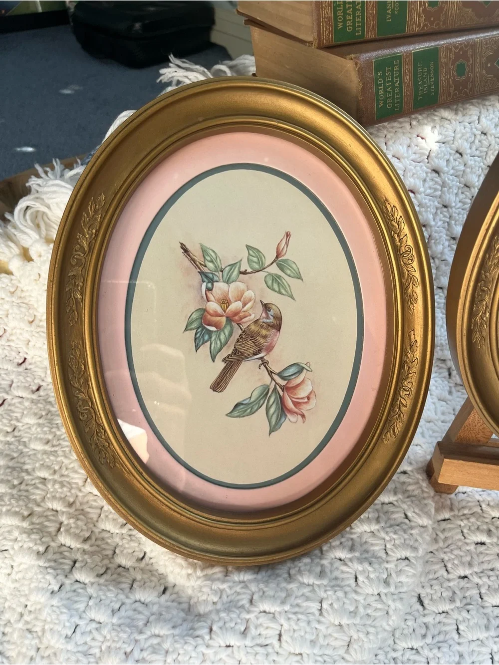 Gold Oval Floral Bird Wall Art Pair - Pink Accents